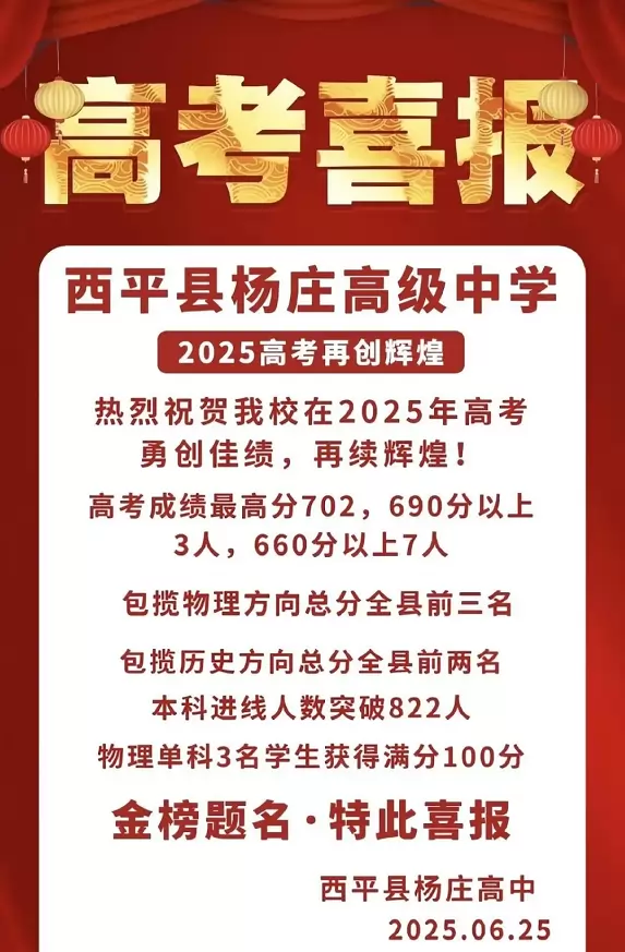 2025年西平县杨庄高中高考成绩升学率(高考喜报)
