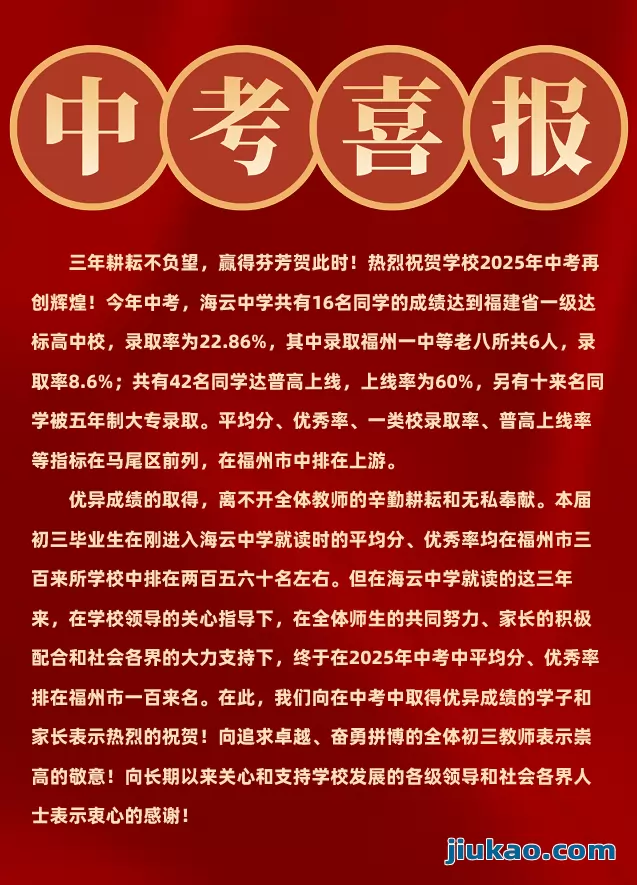 2025年福州市海云中学中考成绩升学率(中考喜报)