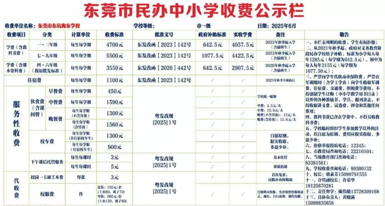 2025年东莞市东坑海东学校收费标准