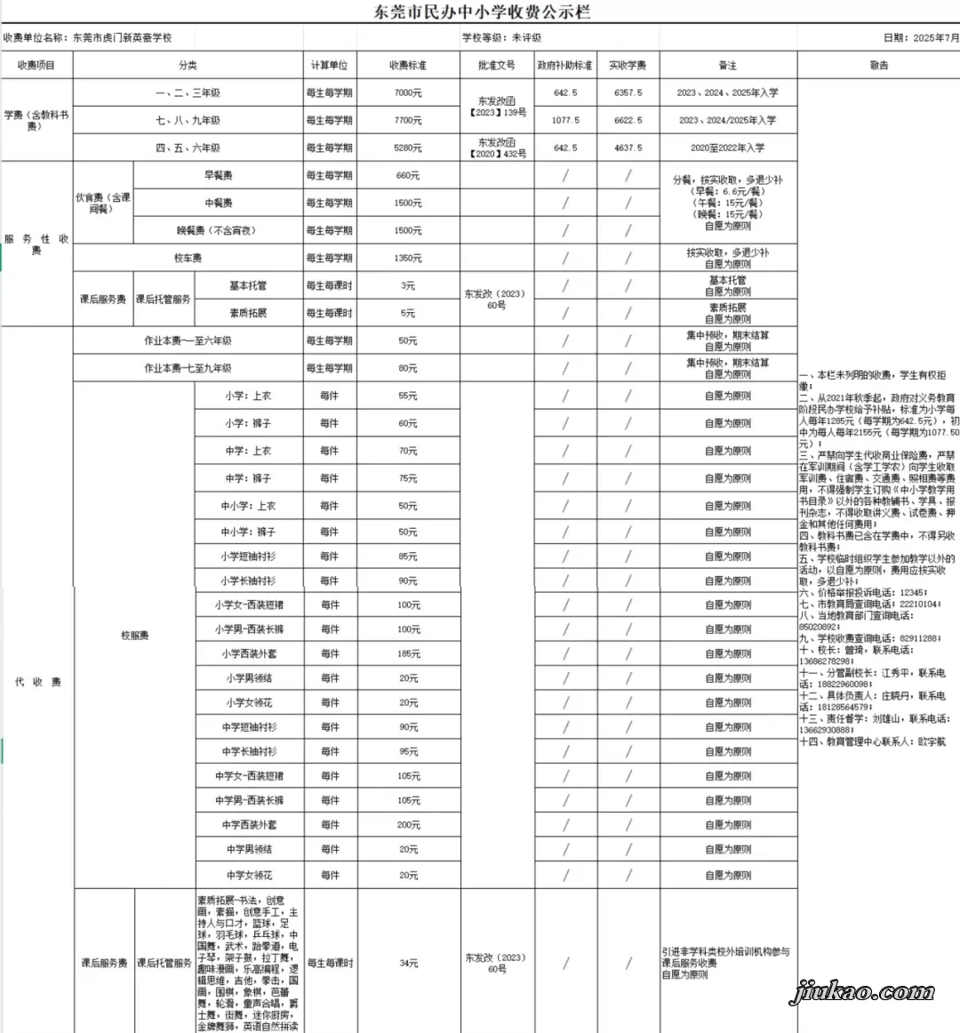 2025年东莞市虎门新英豪学校收费标准