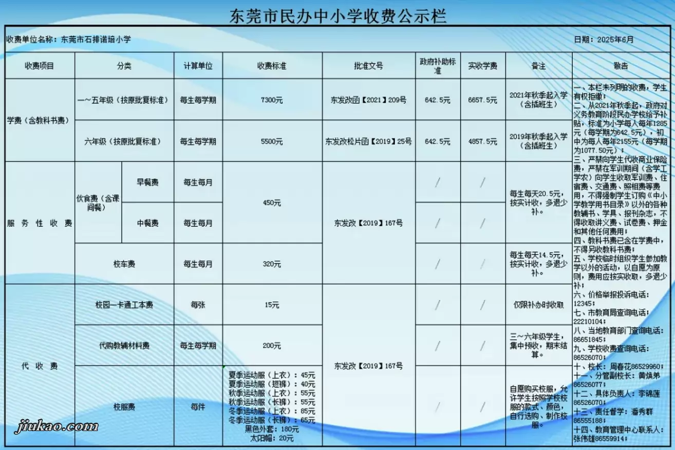 2025年东莞市石排诺培小学收费标准