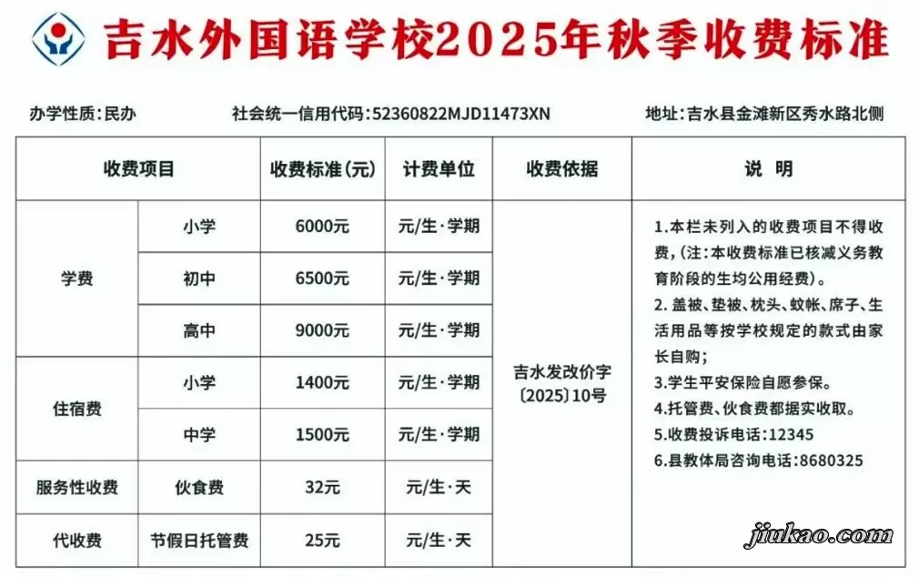 2025年吉水外国语学校收费标准