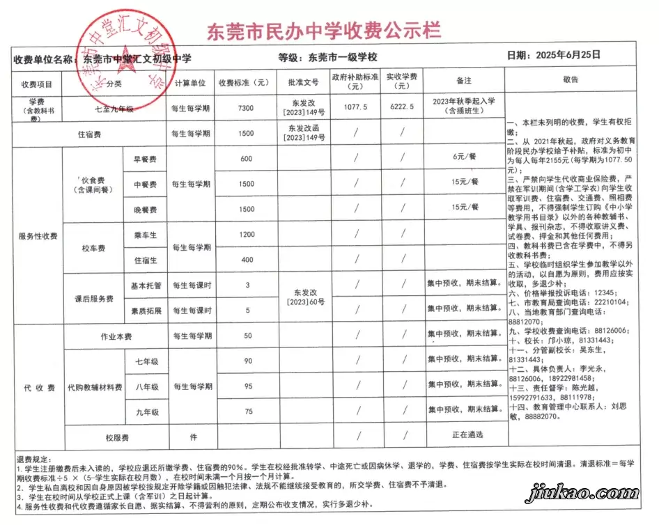 2025年东莞市中堂汇文初级中学收费标准