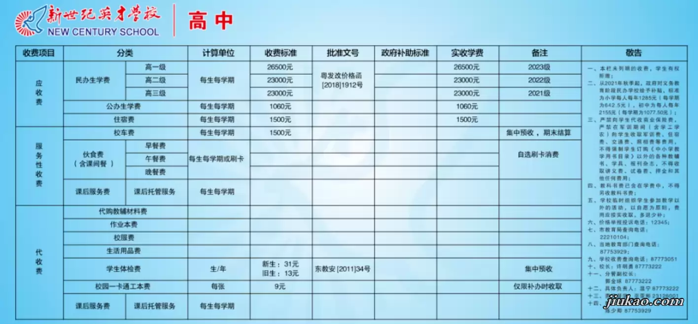 2025年东莞市新世纪英才学校高中部收费标准