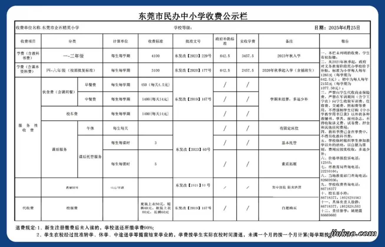 2025年东莞市企石精英小学收费标准