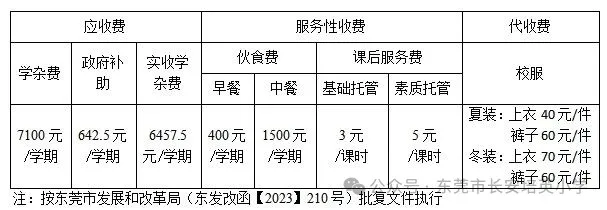 2025年东莞市长安培英小学收费标准
