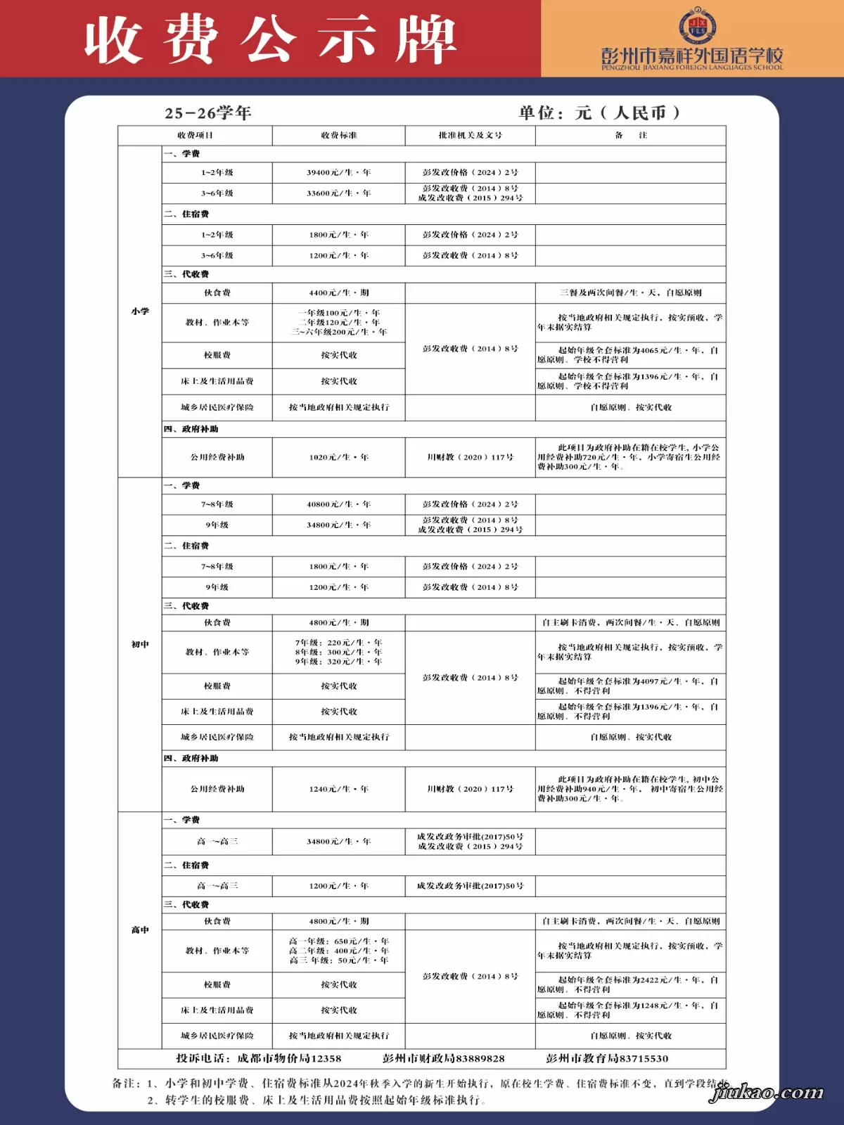 2025年彭州市嘉祥外国语学校收费标准