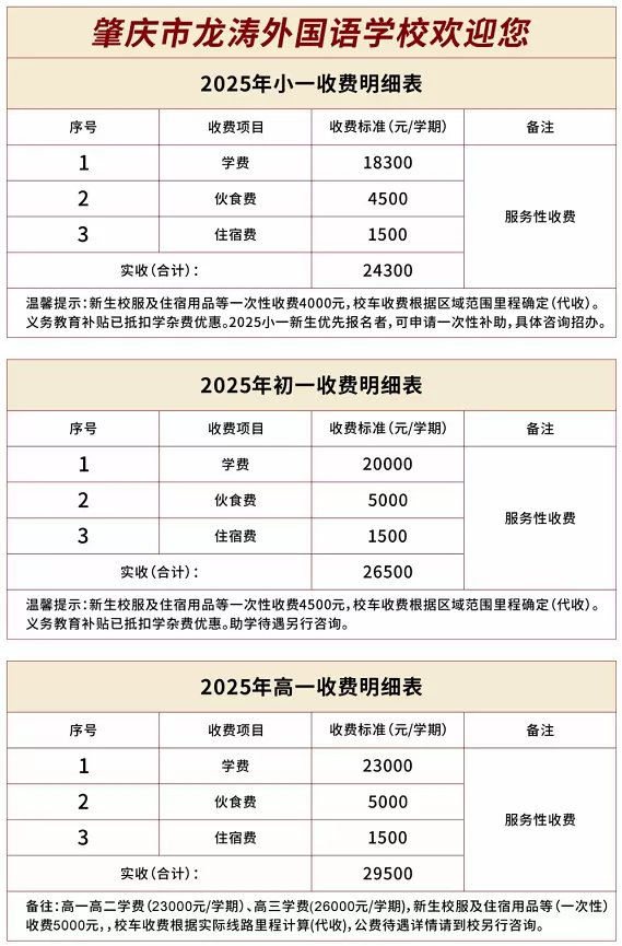 2025年肇庆市龙涛外国语学校收费标准