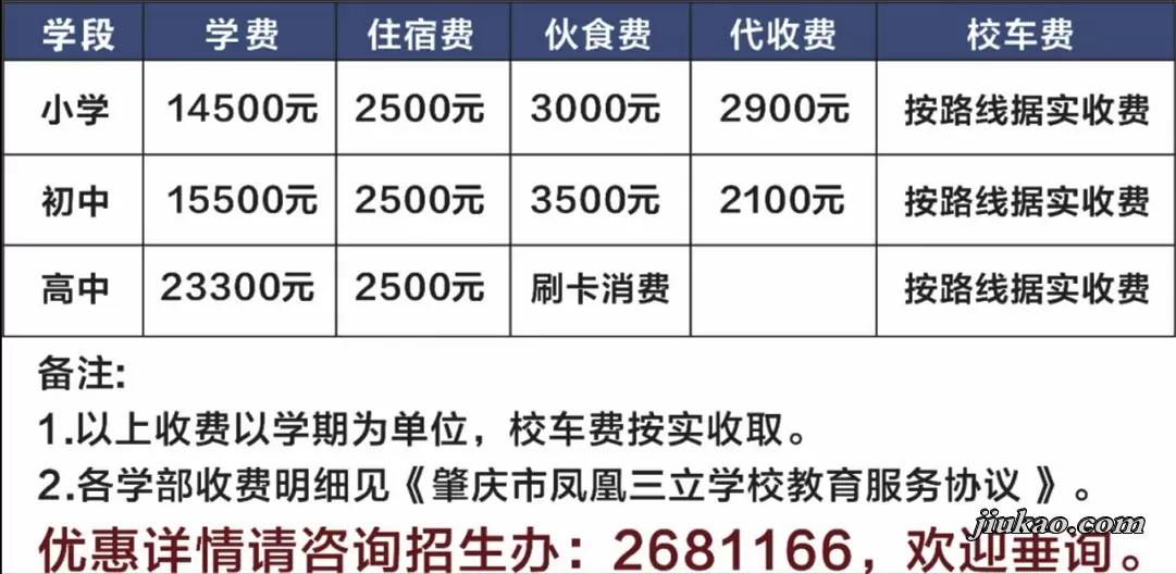 2025年肇庆市凤凰三立学校收费标准