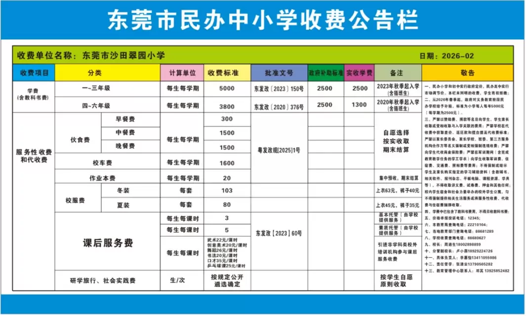 东莞市沙田翠园小学收费