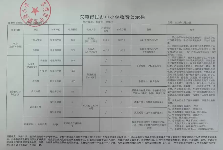 2026年春季东莞市中堂鹏翔小学收费标准