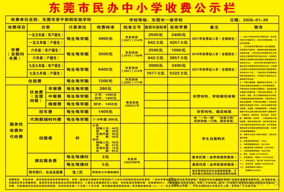 2026年春季东莞市常平新朗实验学校收费标准