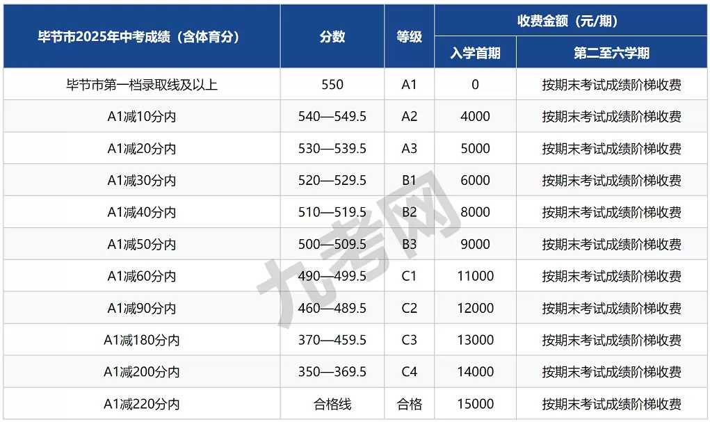 高中部收费标准表格