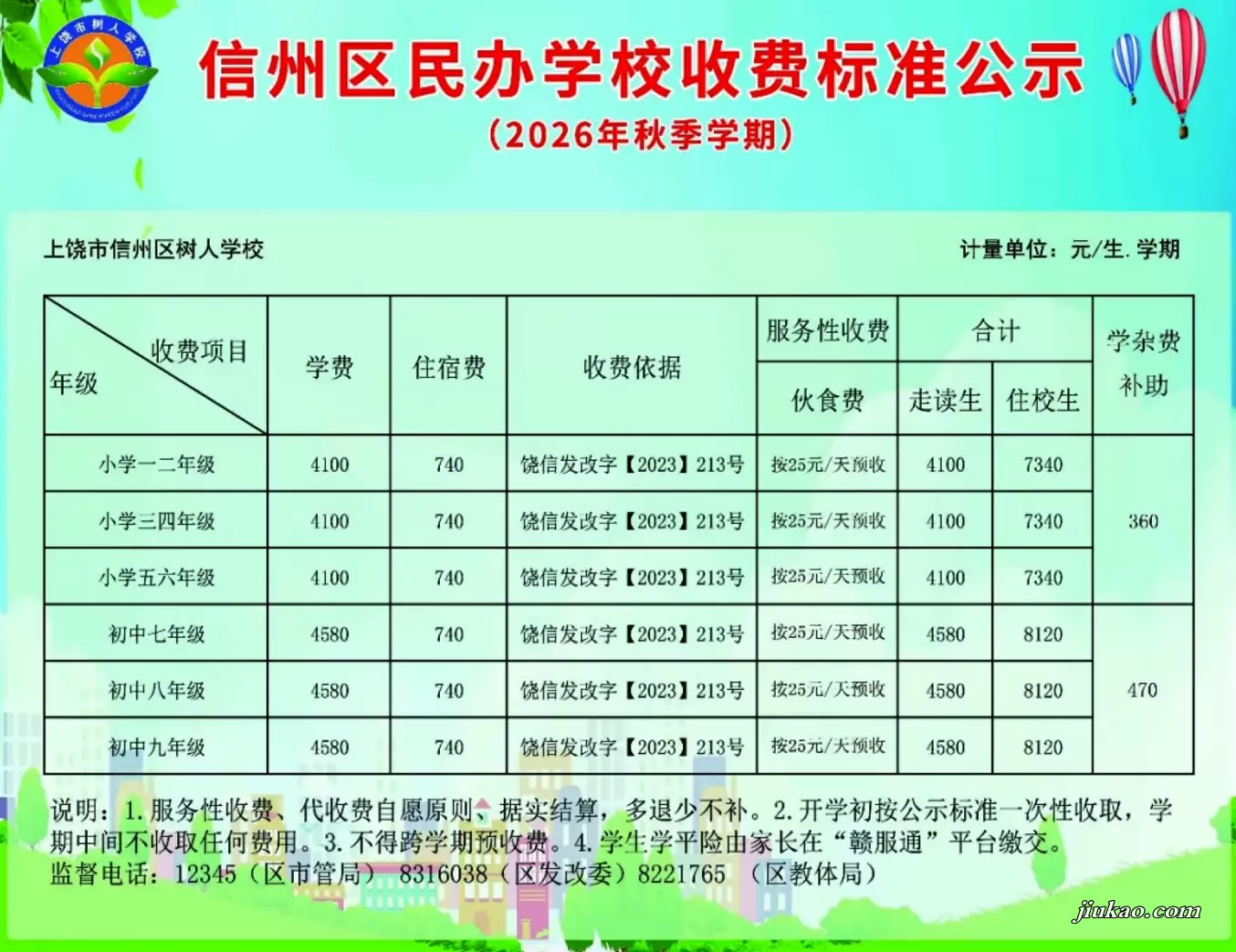 2026年上饶市树人学校收费标准