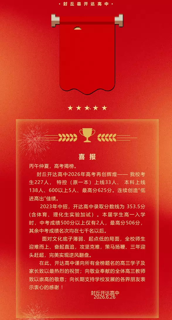 2026年封丘开达高中高考成绩升学率(高考喜报)