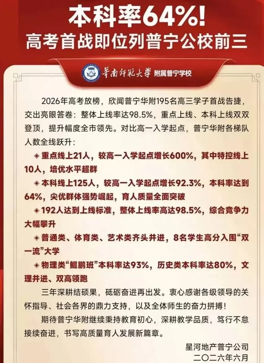 2026年华南师范大学附属普宁学校高考成绩升学率(高考喜报)