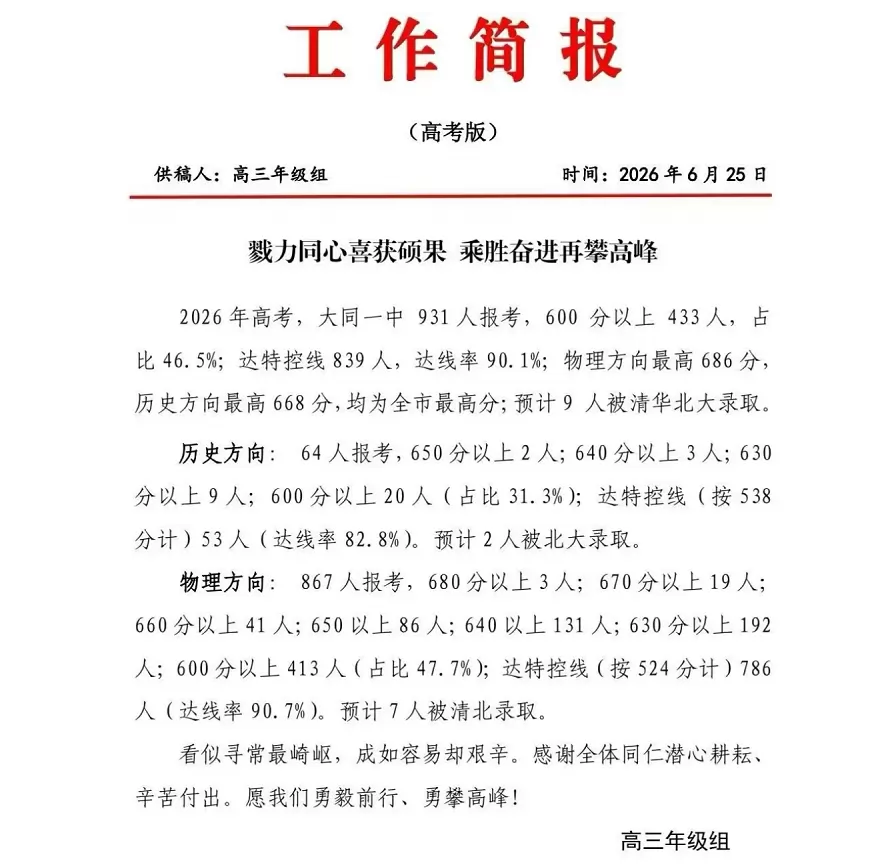 2026年大同市第一中学高考成绩升学率