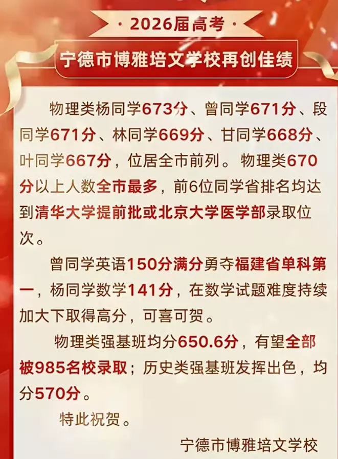 2026年宁德市博雅培文学校高考成绩升学率
