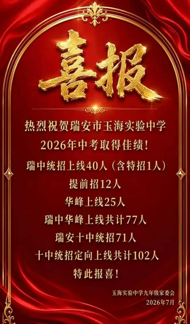 2026年瑞安市玉海实验中学中考成绩升学率