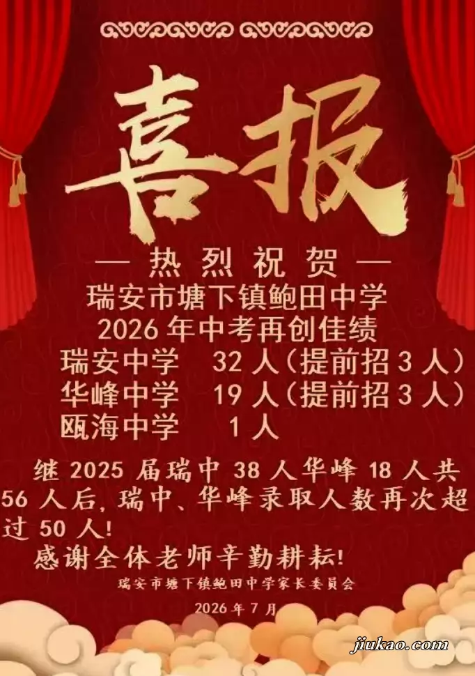 2026年瑞安市塘下镇鲍田中学中考成绩升学率