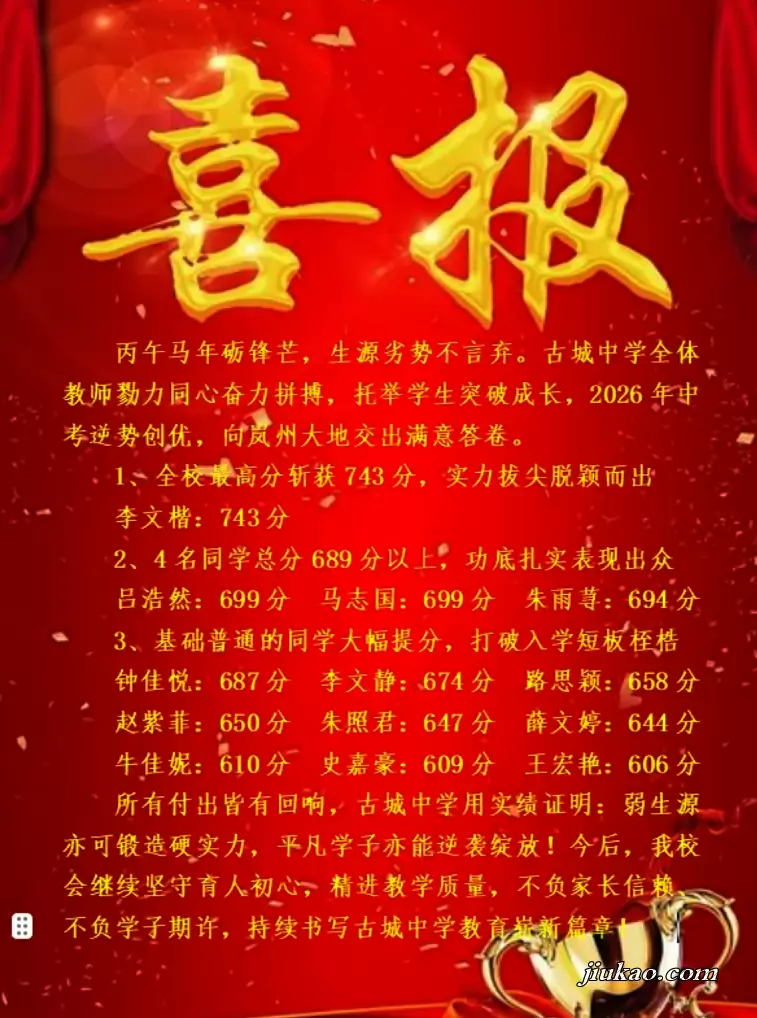 2026年岚县古城中学中考成绩升学率