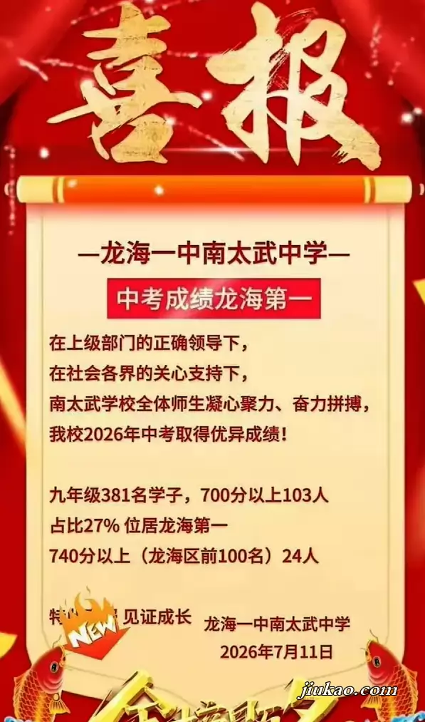 2026年漳州市龙海区第一中学南太武学校中考成绩升学率
