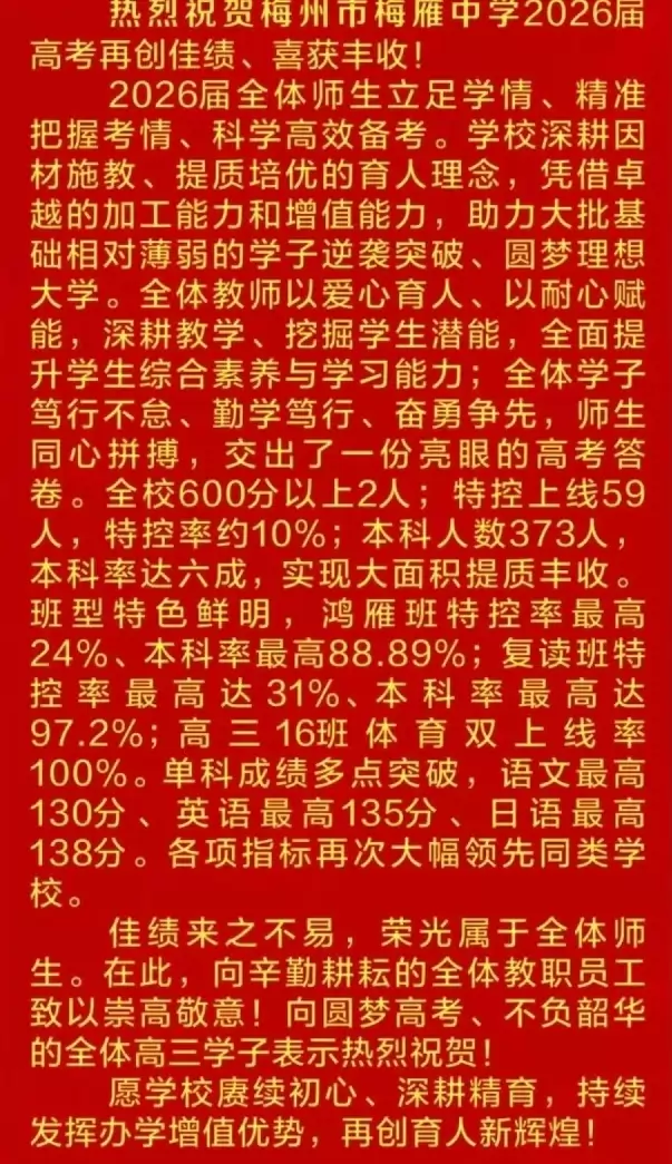 2026年梅州市梅雁中学高考成绩升学率