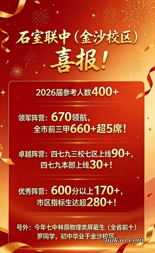 2026年成都市石室联合中学金沙校区‌中考成绩升学率(中考喜报)