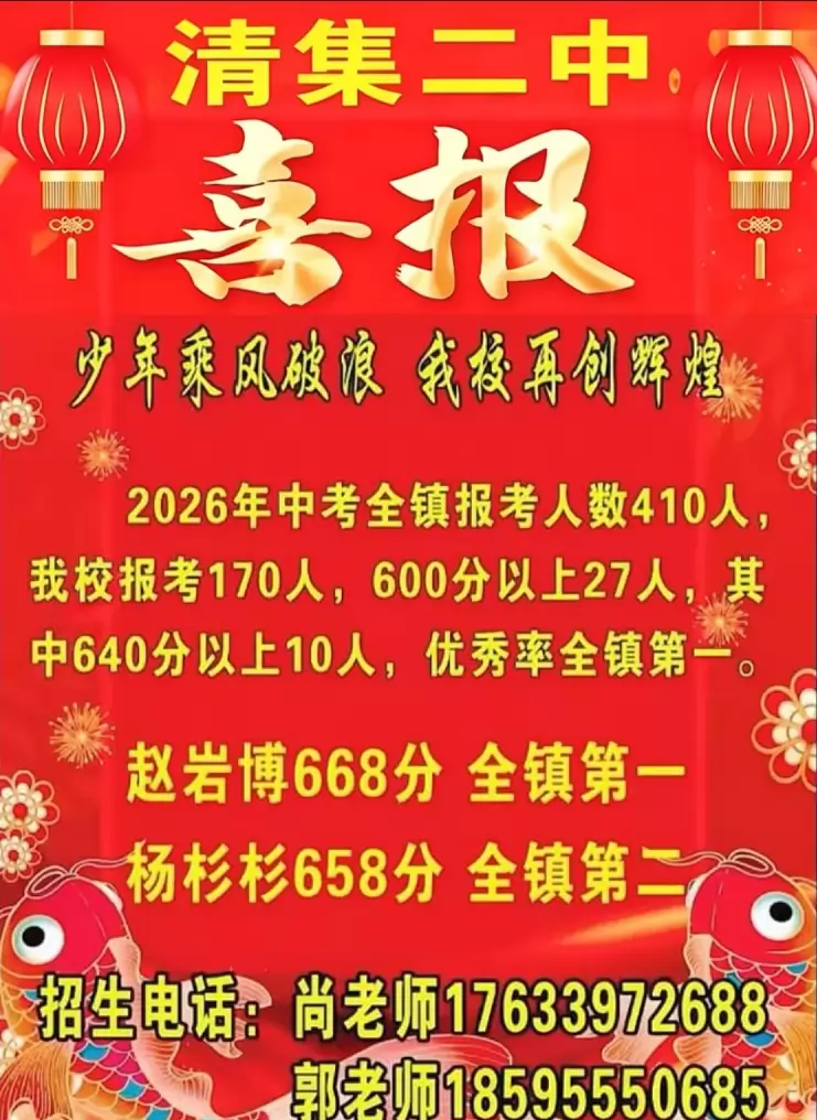 2026年‌太康县清集镇第二初级中学中考成绩升学率(中考喜报)