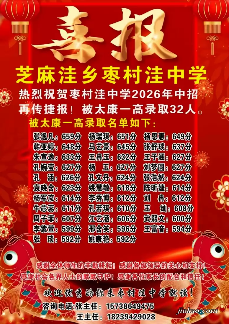 2026年太康县芝麻洼乡枣村洼中学中考成绩升学率(中考喜报)