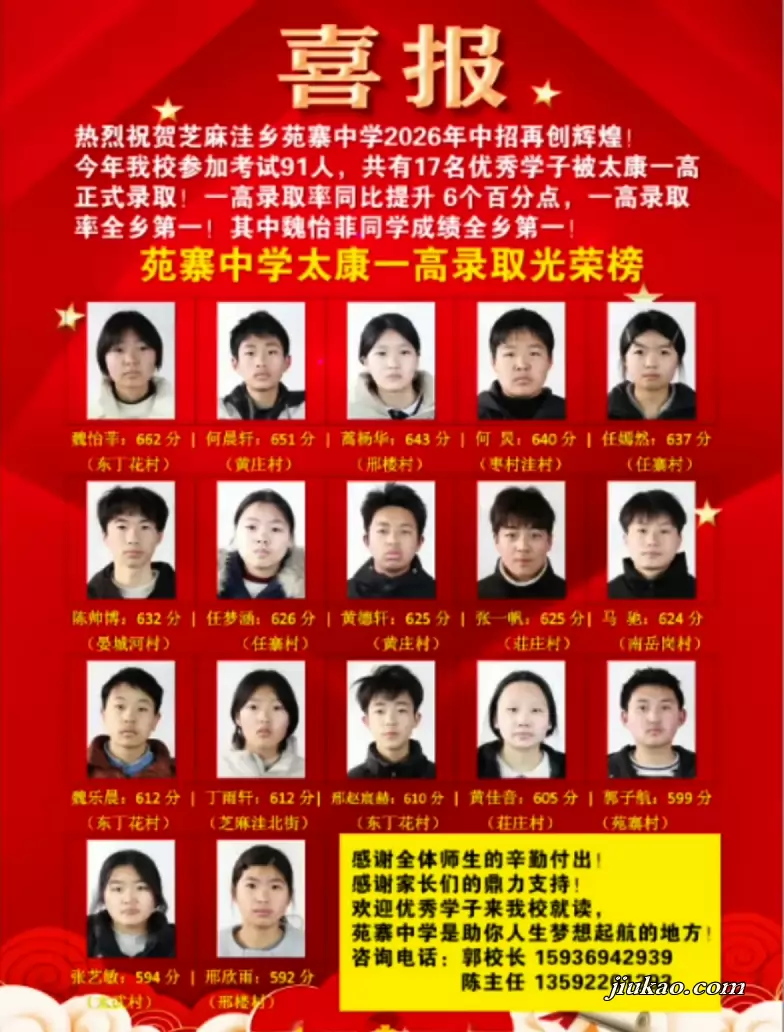 2026年太康县芝麻洼乡苑寨中学‌中考成绩升学率(中考喜报)