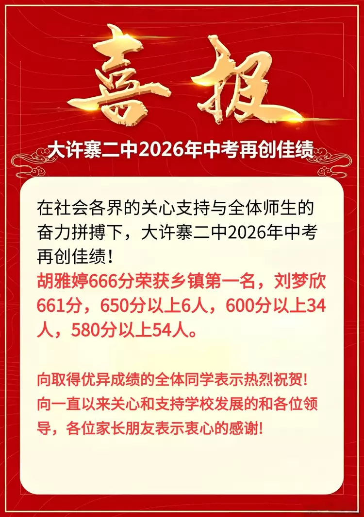 2026年太康县大许寨镇第二初级中学中考成绩升学率