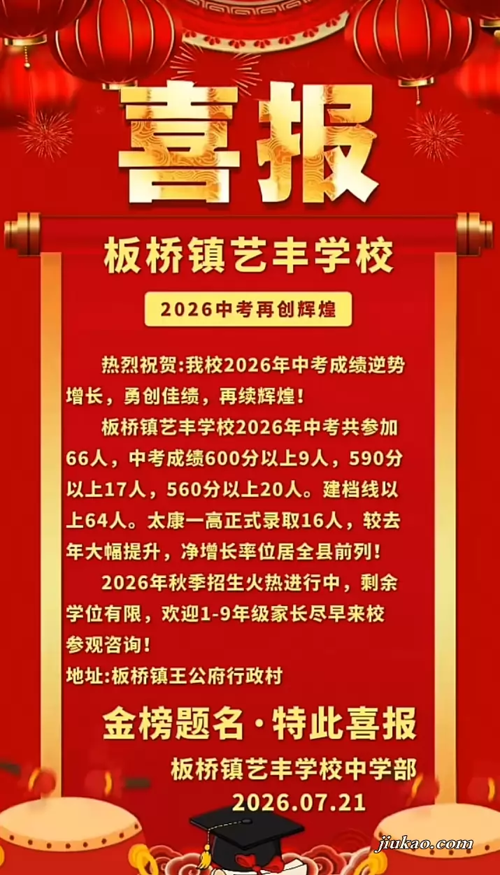 2026年太康县板桥镇艺丰学校中考成绩升学率(中考喜报)