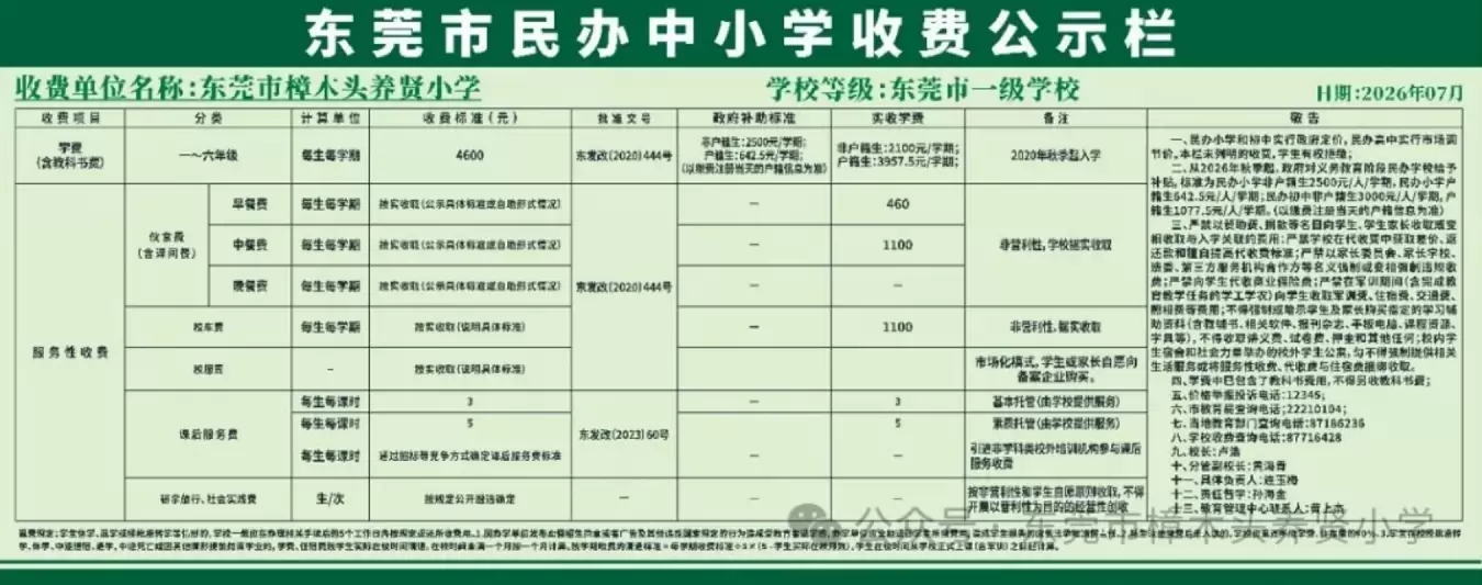 2026年秋季东莞市樟木头养贤小学收费标准