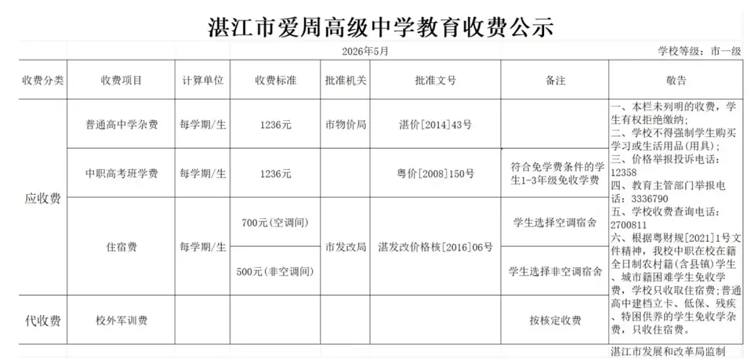 2026年秋季湛江市爱周高级中学收费标准